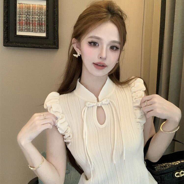 New Chinese Style Retro Buckle Puffed Sleeves Elegant Top