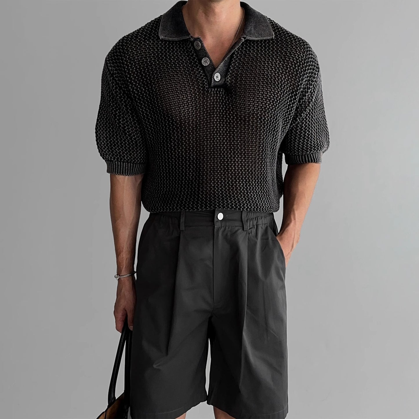 Honeycomb Hollow Knitted Short-sleeved Polo Shirt