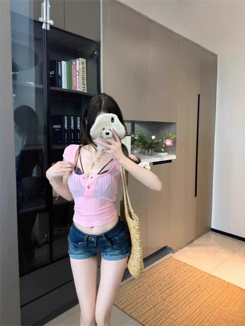 Women's Plaid Thin Short-sleeved T-shirt Top