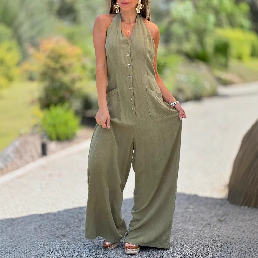 European And American Solid Color Jumpsuit Backless Sleeveless Loose Cotton Linen