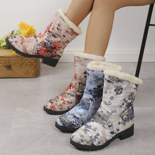 Fashion Flowers Print Ankle Boots With Plush Winter Warm Platform Shoes Women Lightweight Plus Velvet Ankle Boots