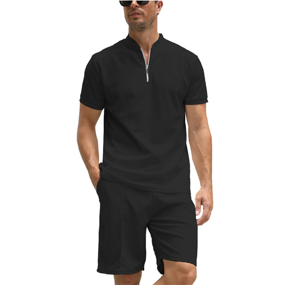 Men's Solid Color Polo Shirt Suit Short Sleeve Two-piece Set