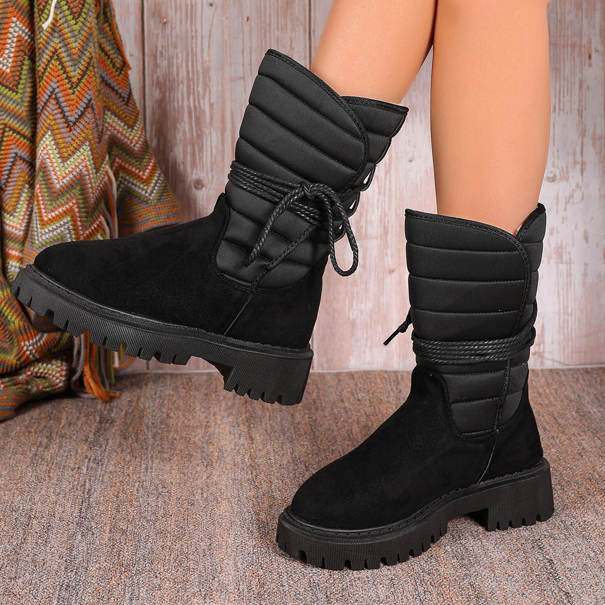 New Chunky Heel Mid-tube Snow Boots Winter Warm Fleece Boot With Lace-up Design Fashion Casual Shoes For Women