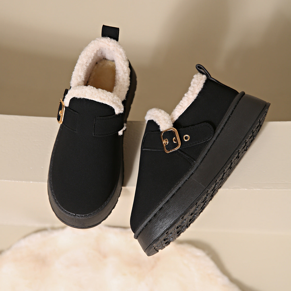 Fashion Round Toe Ankle Boots With Buckle Design Winter Warm Thickened Cotton Shoes Suede Flat Boot For Women