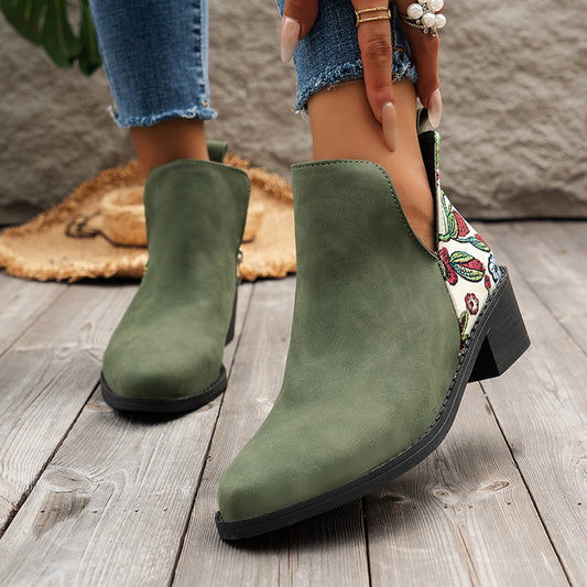 Flowers Printed Ankle Boots Fashion Side Zipper V-cut Square Heel Shoes For Autumn Winter Pionted Toe Boot Women