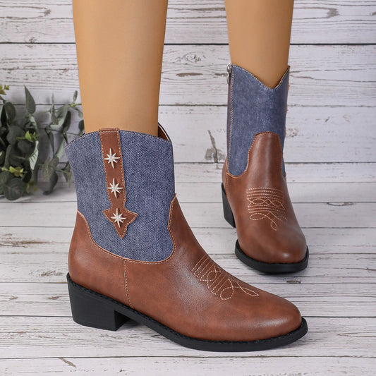 New Denim Patchwork Western Cowboy Boots Women Autumn And Winter Retro Chelsea Boots Pointed Toe Mid-calf Square Heel Shoes