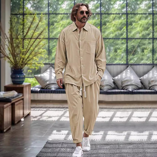 Men's Cotton And Linen Shirt Loose Long-sleeved Trousers Two-piece Suit
