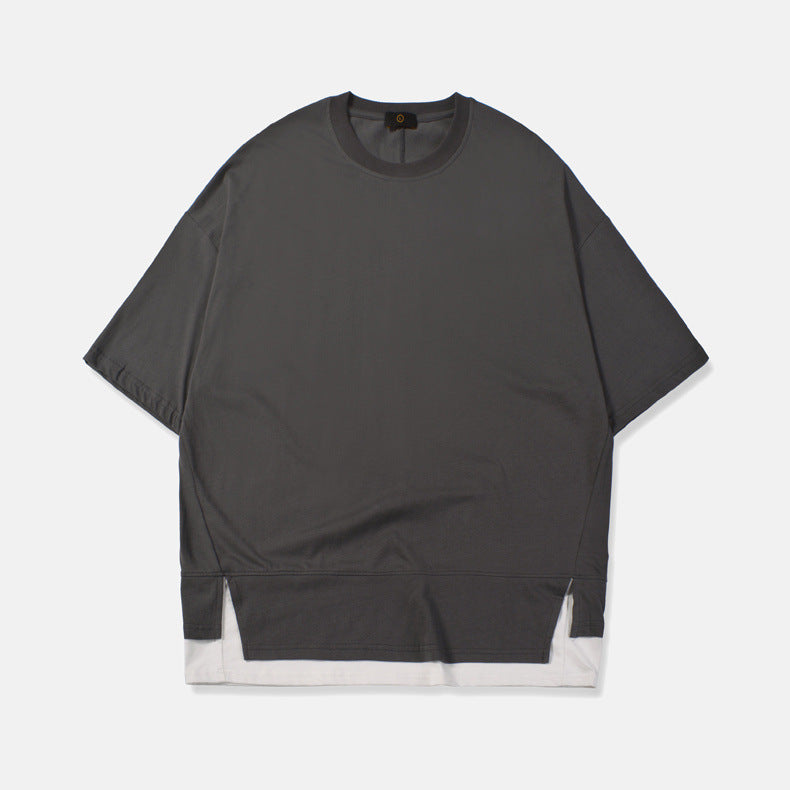 High Street Stitching Fake 2-piece Drop-shoulder Short Sleeves