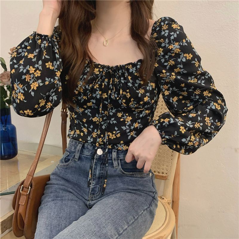 Women's Square Collar Floral Long-sleeved Shirt Spring And Autumn Top Slim Fit