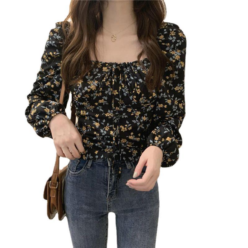 Women's Square Collar Floral Long-sleeved Shirt Spring And Autumn Top Slim Fit
