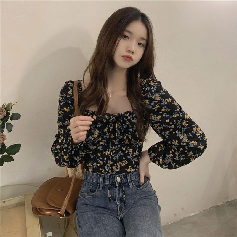 Women's Square Collar Floral Long-sleeved Shirt Spring And Autumn Top Slim Fit