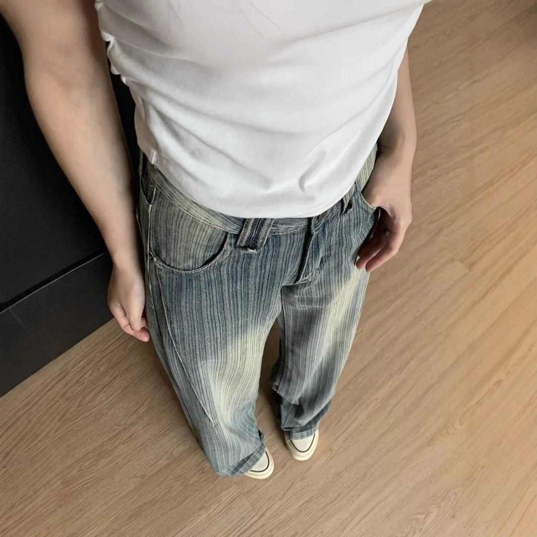 High Waist Striped Blue Loose Wide Leg Jeans Women Draped Pants