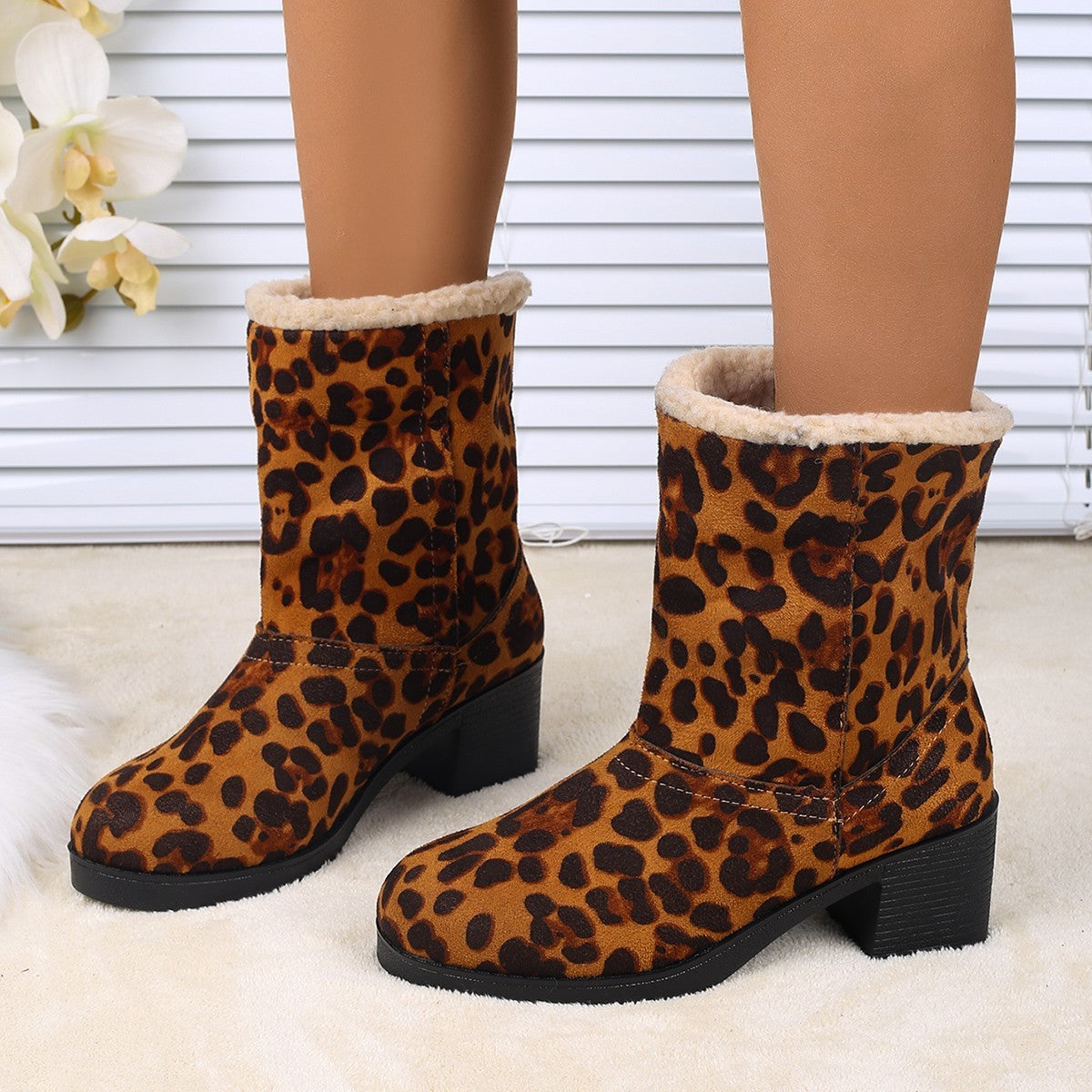 New Foldable Leopard Print Mid-calf Boots Winter Warm Fleece Thick Square Heels Boot For Women Fashion Round-toed Cotton Shoes