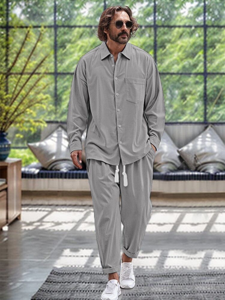Men's Cotton And Linen Shirt Loose Long-sleeved Trousers Two-piece Suit
