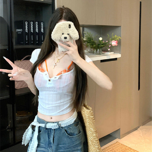 Women's Plaid Thin Short-sleeved T-shirt Top