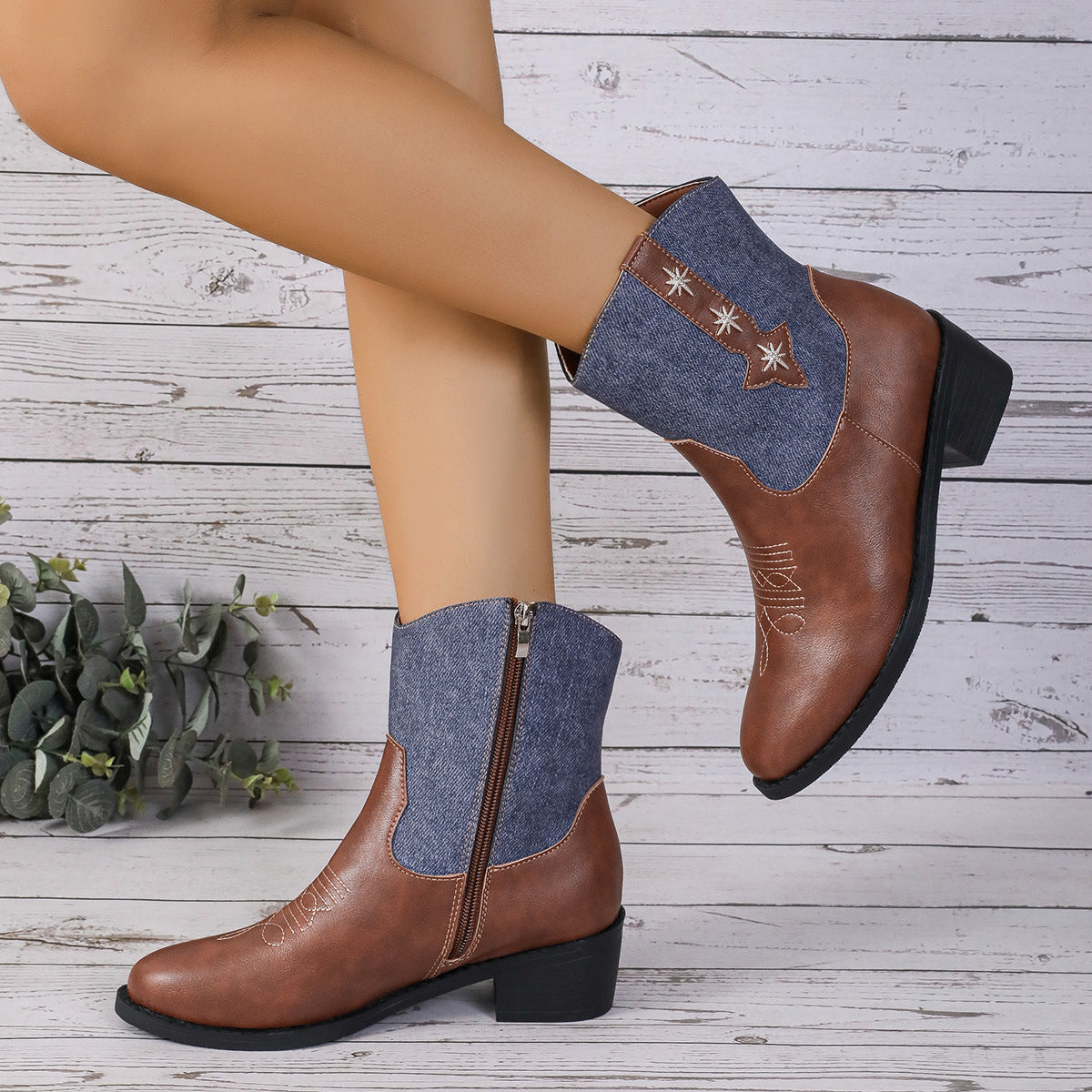 New Denim Patchwork Western Cowboy Boots Women Autumn And Winter Retro Chelsea Boots Pointed Toe Mid-calf Square Heel Shoes