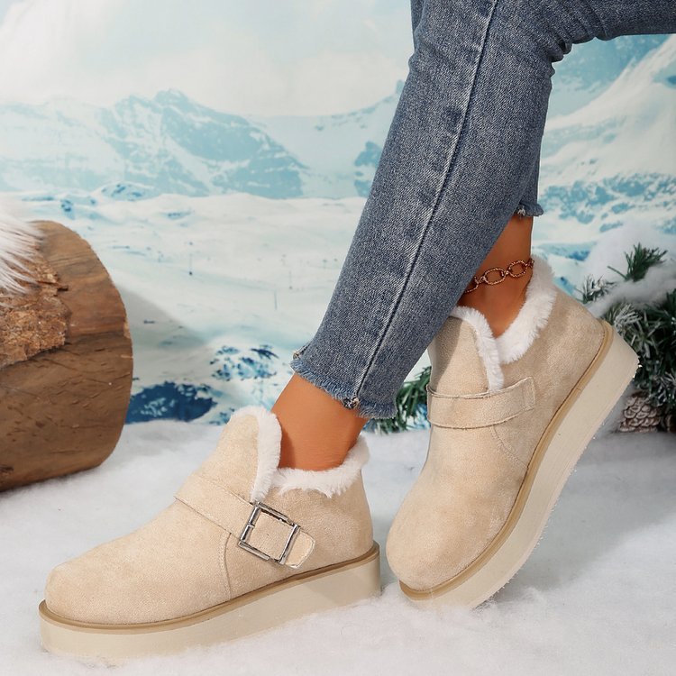 Winter Buckle Snow Boots Fashion Flat Thick-soled Cotton Shoes Round Toe Plus Velvet Warm Ankle Boot For Women