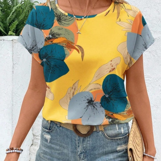 Summer Loose-fitting Casual Round-neck Printed Short-sleeved Top