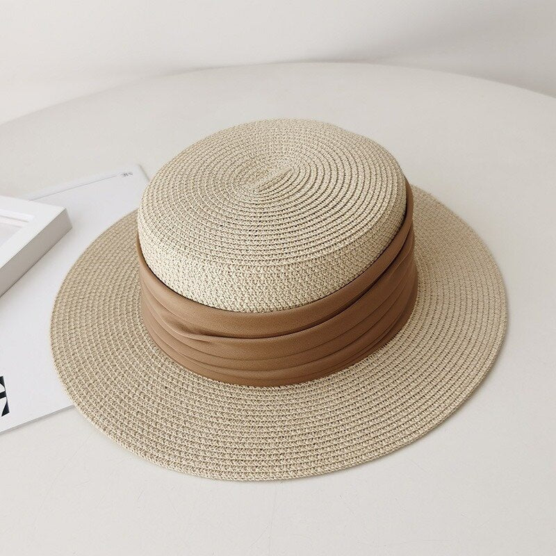 Flat Straw Hat French Woven Top Hat Seaside Beach Vacation Sun Shade