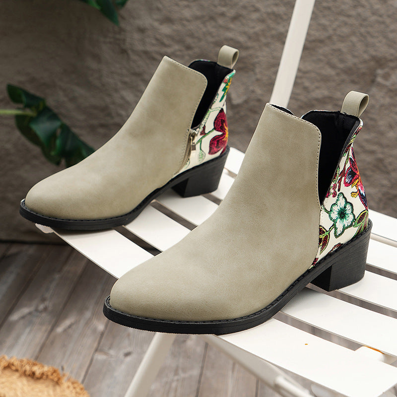 Flowers Printed Ankle Boots Fashion Side Zipper V-cut Square Heel Shoes For Autumn Winter Pionted Toe Boot Women