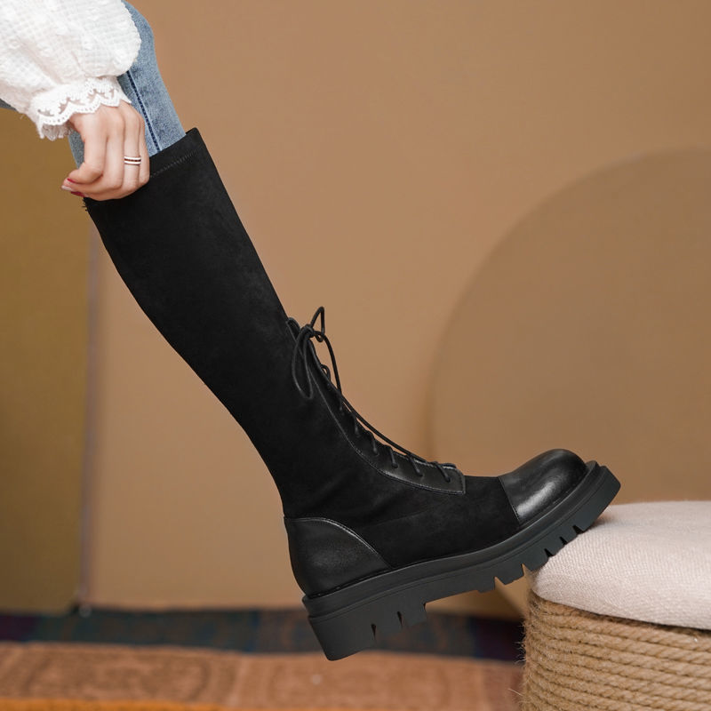 Thick-soled Thinner Lace-up Knight Boots Women Are Small But Knee-length Autumn And Winter