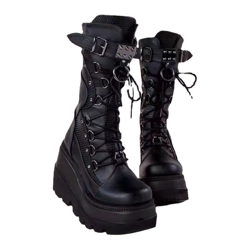 Lace-Up Combat Boot Motorcycle Black Bucke Chunky Boots For Women Winter Shoes