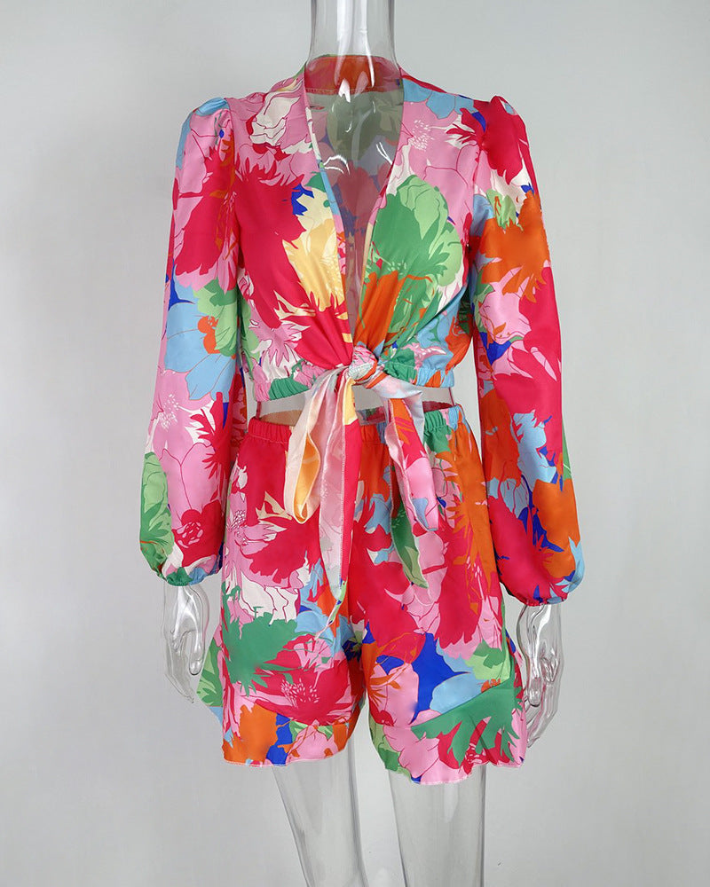 Temperament Printed Cardigan Top Shorts Two-piece Set For Women