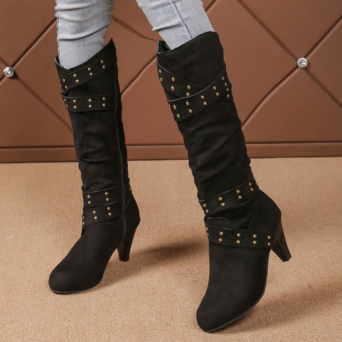 Fashion High Heel Boots With Cross-strap Rivet Design Retro V-cut Western Cowboy Boot Casual Zipper Shoes For Women