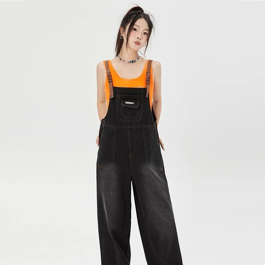 Women's American-style Retro Denim Suspender Pants