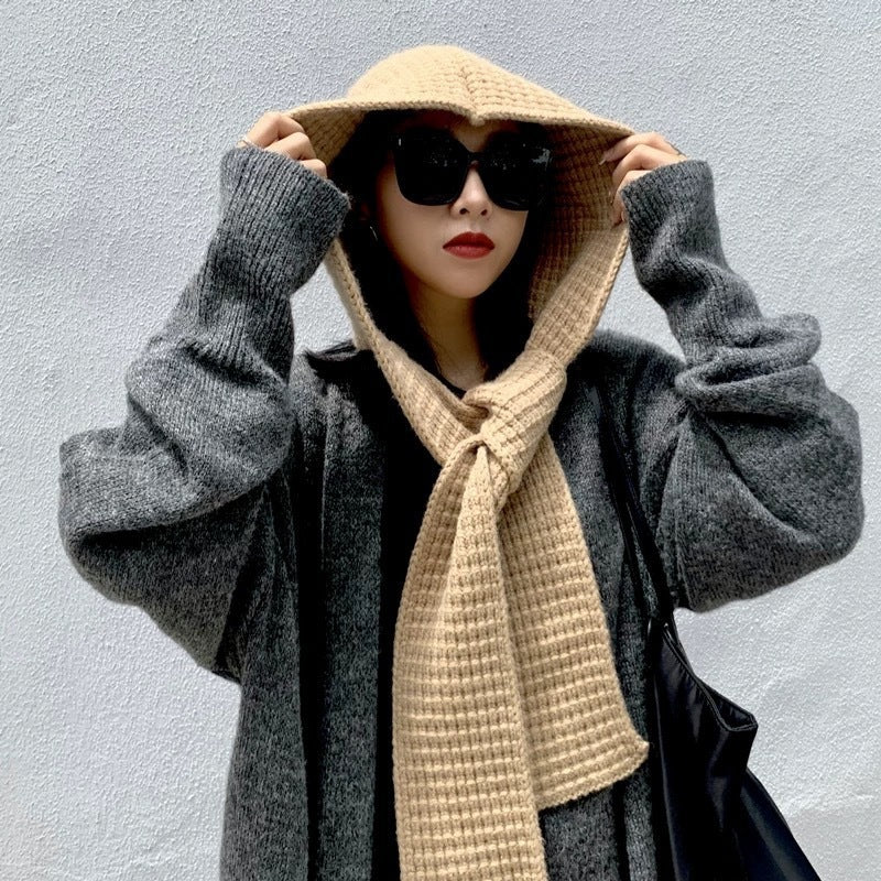 LAFA Fake Hoodie Hat Scarf Shawl Integrated Knitted Earflaps