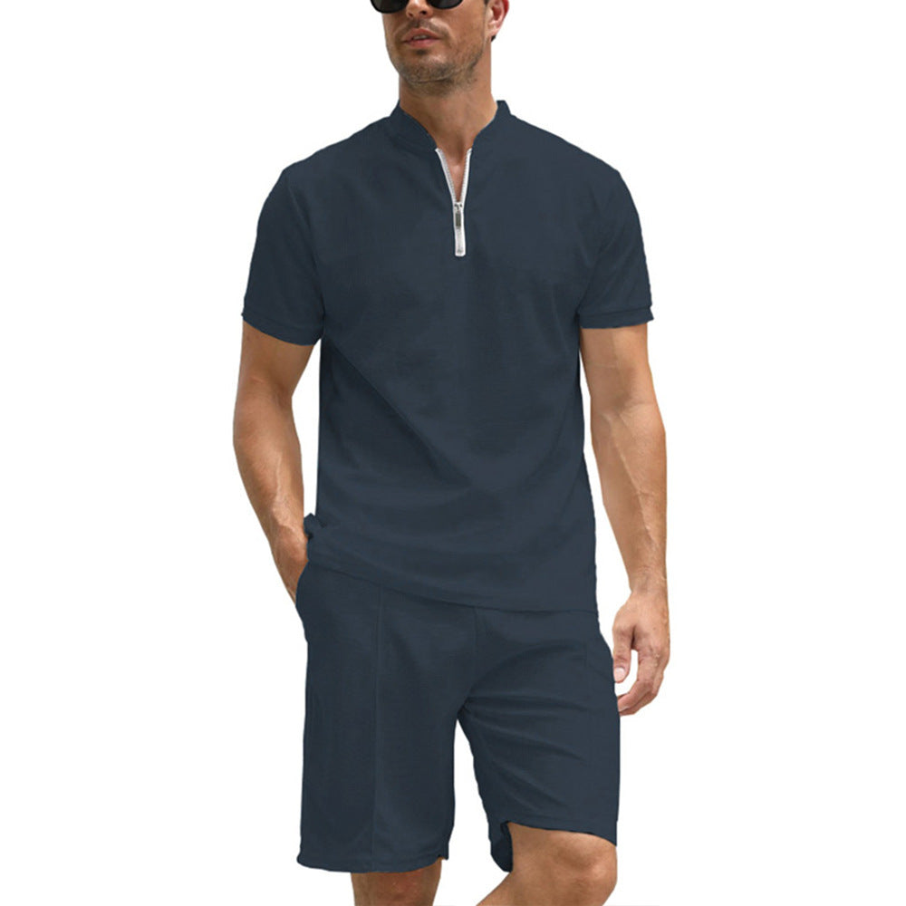 Men's Solid Color Polo Shirt Suit Short Sleeve Two-piece Set