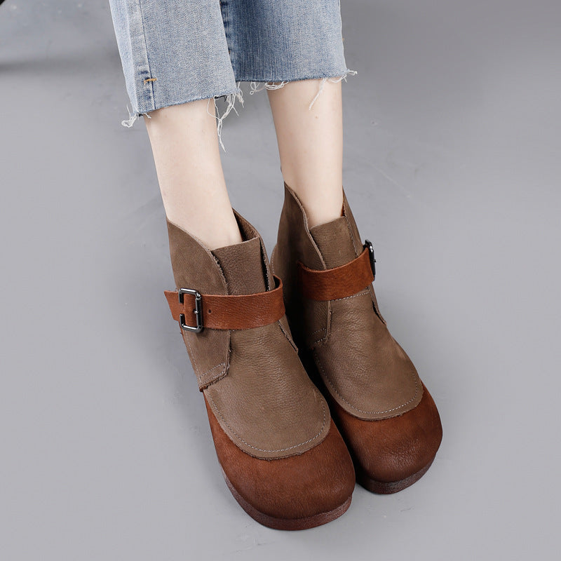 Genuine Leather Women Boots Ethnic Style With Buckle Strap Round Toe Flat New Autumn Winter Handmade Ladies Boots