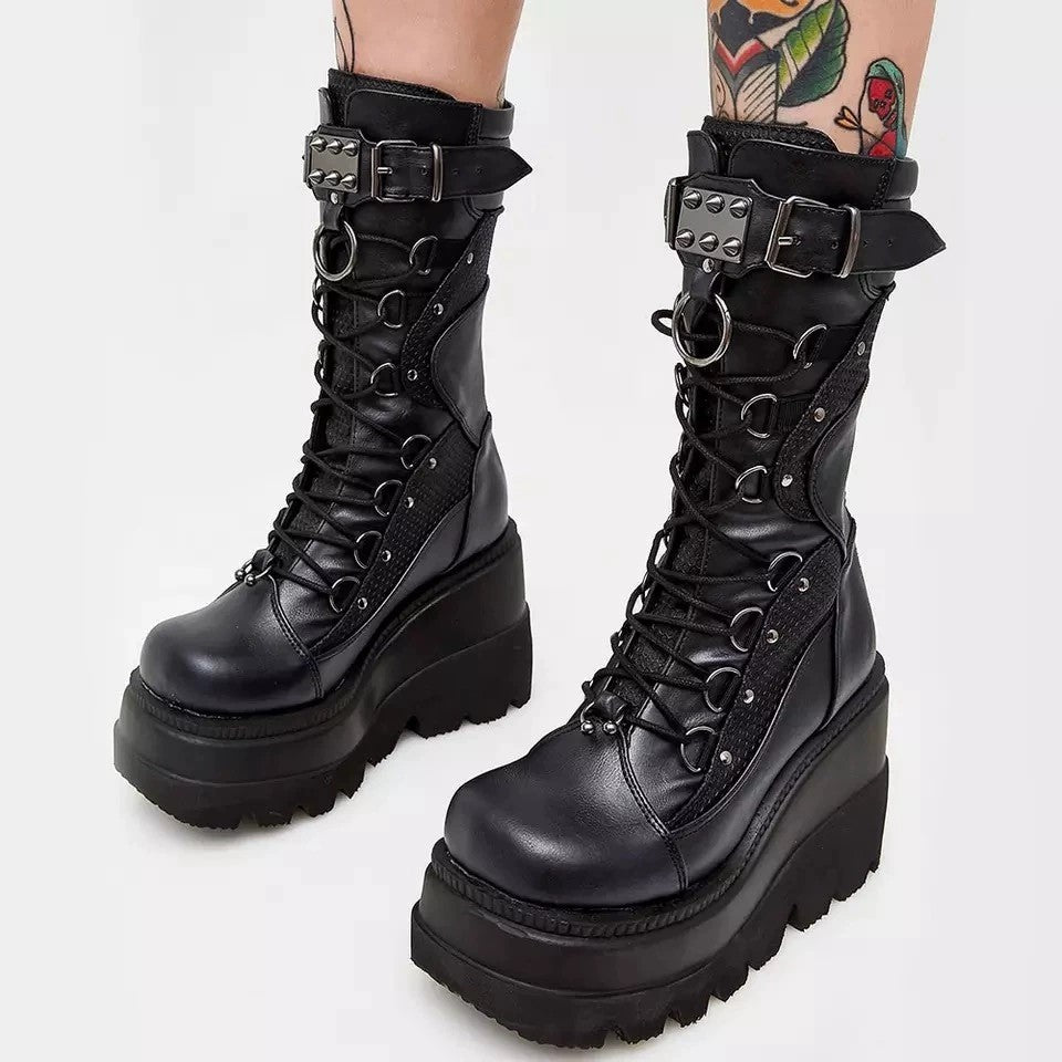 Lace-Up Combat Boot Motorcycle Black Bucke Chunky Boots For Women Winter Shoes