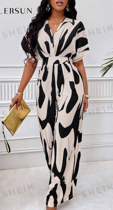 Print V-Neck Batwing Sleeve Jumpsuit