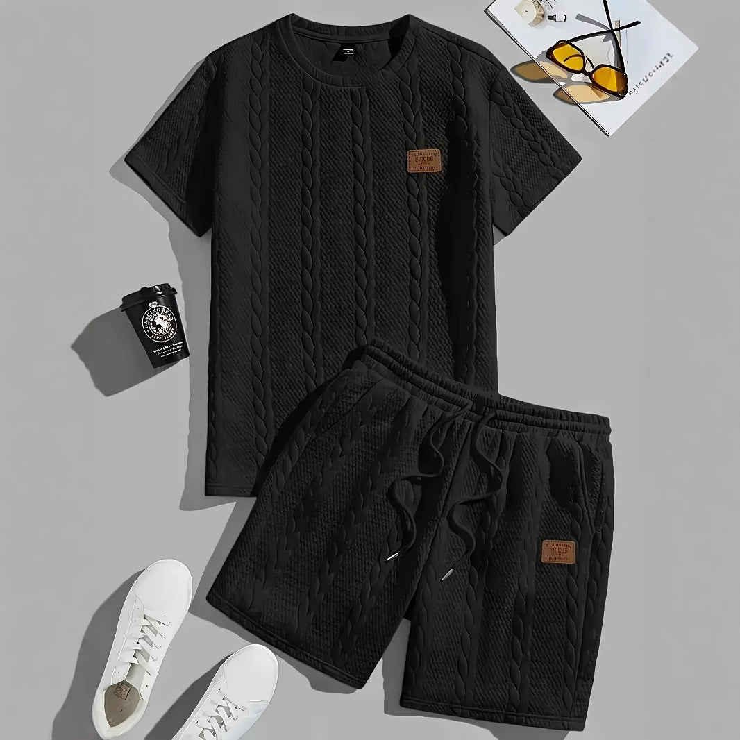 Men's Solid Color Patch Design Rib Short Sleeve Two-piece Set