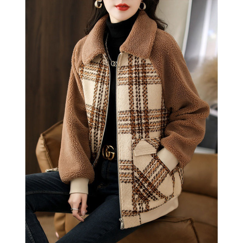 Simple Stitching Plaid Raglan Sleeve Slimming And Warm Coat