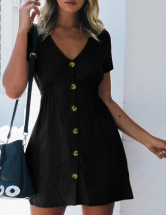 Color V-neck Slim Single Row Button High Waist Dress Women